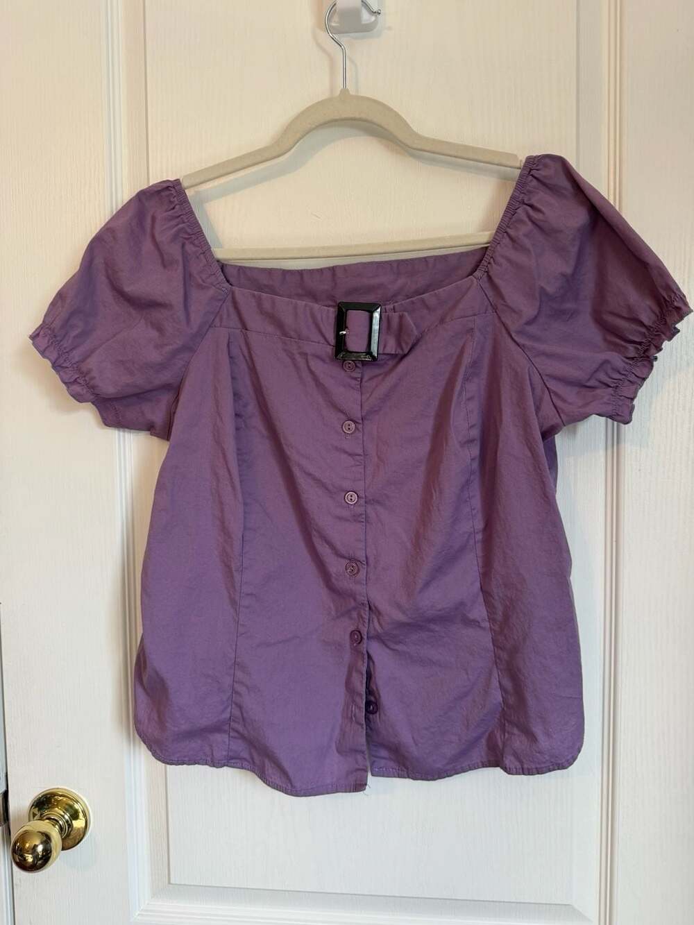 dressbarn Purple Cotton Spandex Puff Sleeve Square Neck Blouse with Buckle Detai